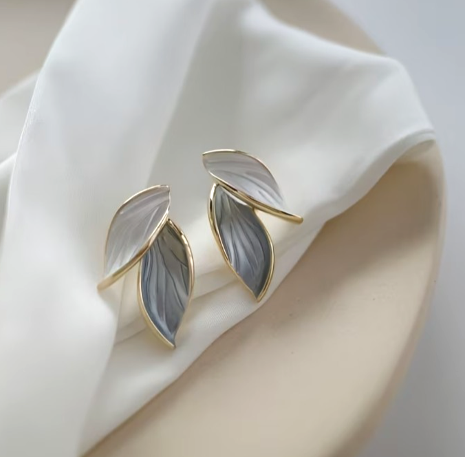 ​Gold Enamel Leaf Earrings Minimalist Contrasting Grey White Plant Studs Gift