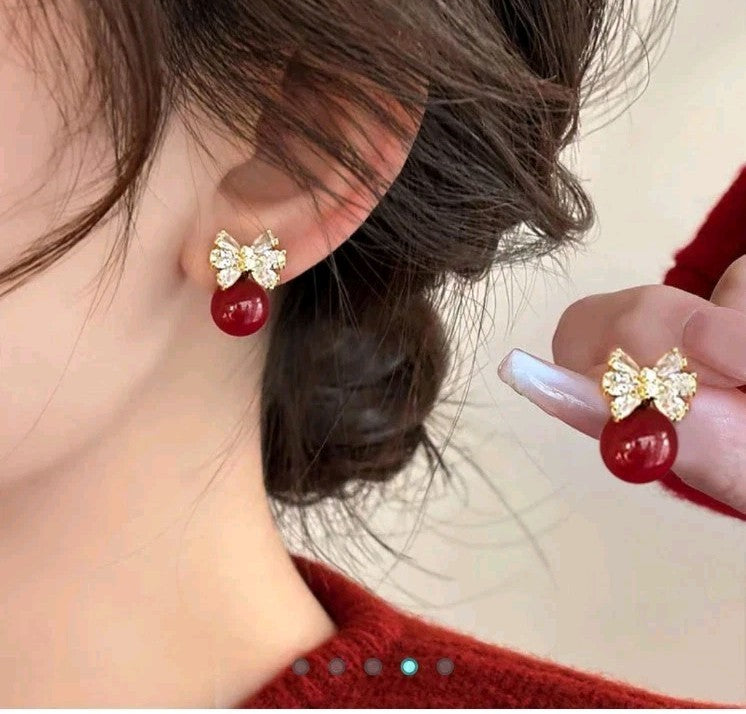 Gold Red Pearl Bow Drop Earrings Crystal Marquise Rhinestone Ribbon Studs Gift