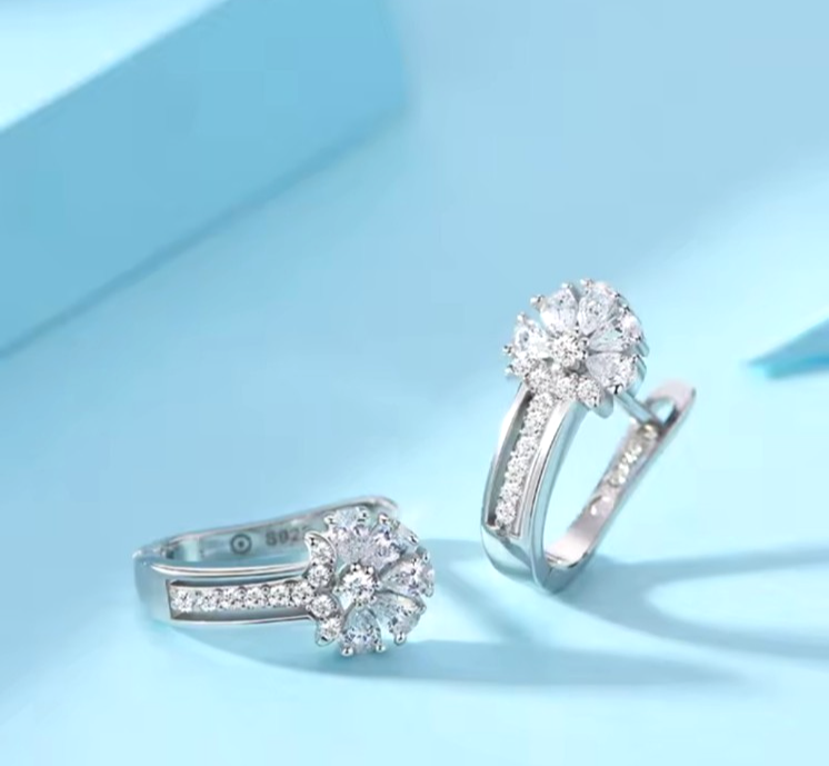 925 Sterling Silver Flower Hoop Earrings Cubic Zirconia Floral Dangle CZ Lever