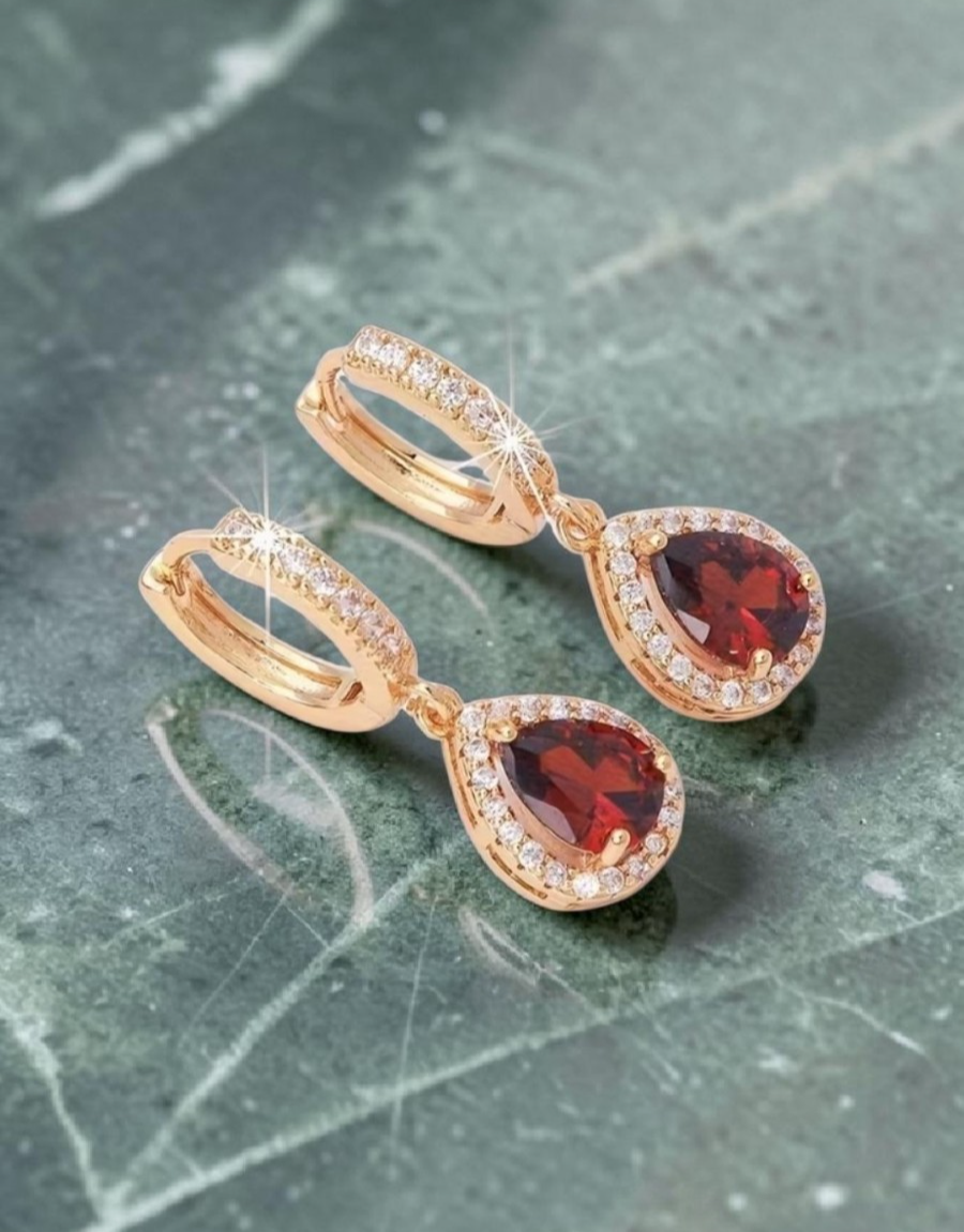 Gold Plated Drop Earrings Red Crystal Halo Pear CZ Dangle Huggie Women Gift