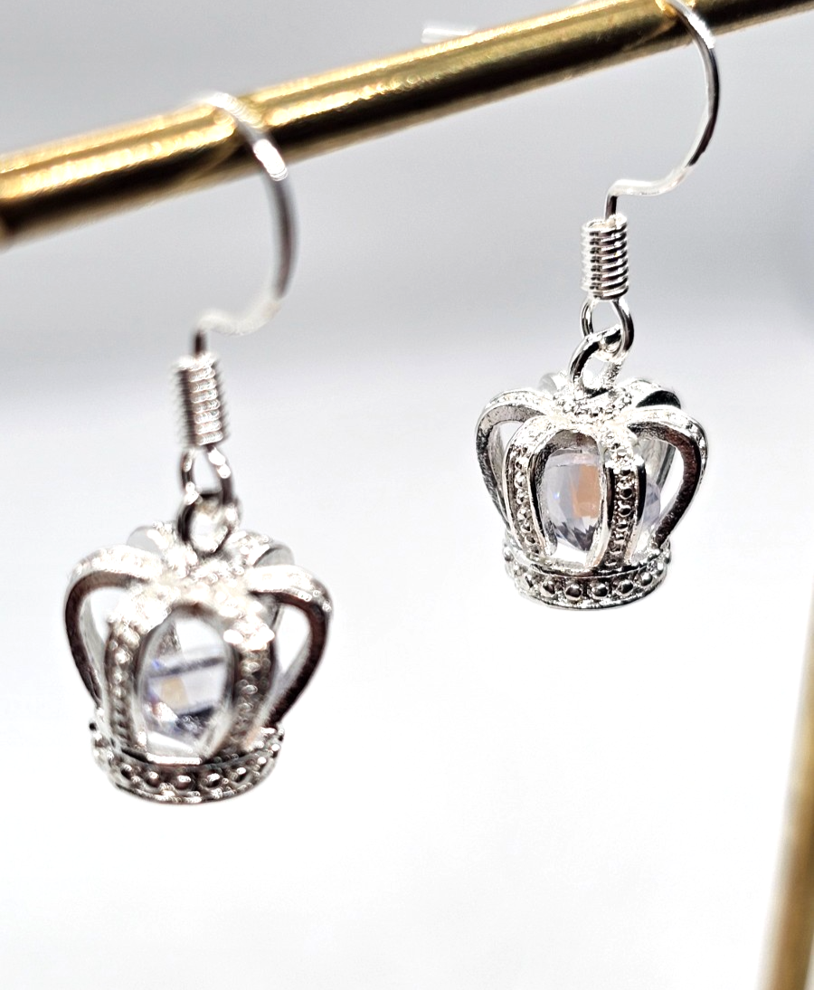 Silver Crown Drop Earrings • Sparkly Gemstone • Princess Style • Gift for Her