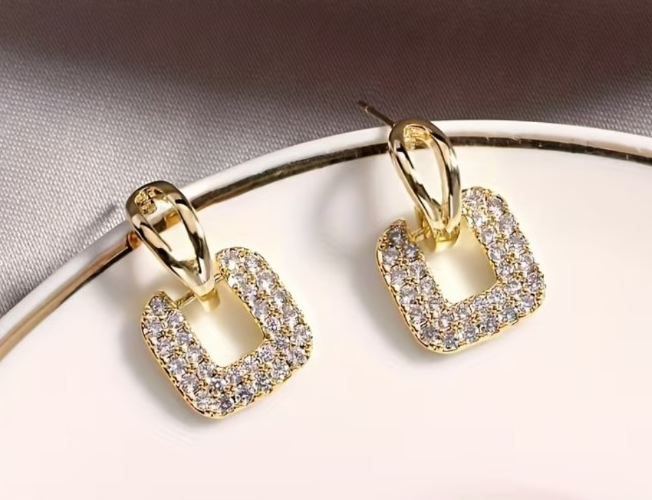 ​Gold Square Stud Earrings Sparkling Rhinestone Geometric Drop Retro Jewelry
