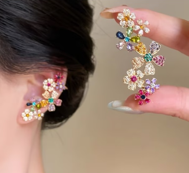 Colorful Crystal Flower Ear Cuff Earrings Full Ear Climber Clip On Statement Par