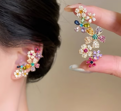 Colorful Crystal Flower Ear Cuff Earrings Full Ear Climber Clip On Statement Par