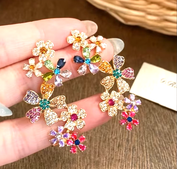 Colorful Crystal Flower Ear Cuff Earrings Full Ear Climber Clip On Statement Par