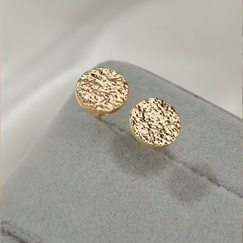 Gold Textured Round Stud Earrings Hammered Disc Circle Studs Womens Jewellery