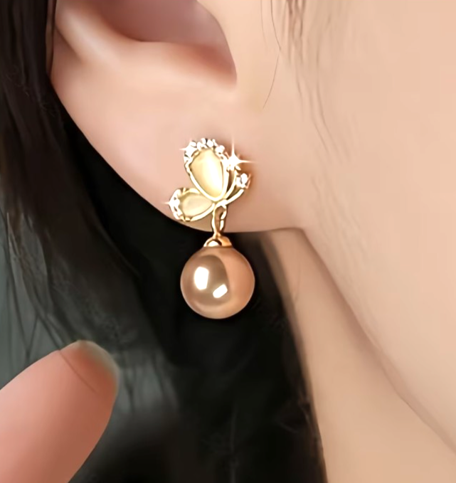 Gold Champagne Pearl Earrings Cute Sparkling Crystal Butterfly Drop Dangle Gift