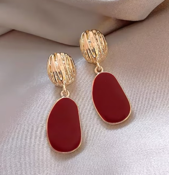 ​Gold Burgundy Red Drop Earrings Textured Enamel Geometric Retro Dangle Gift