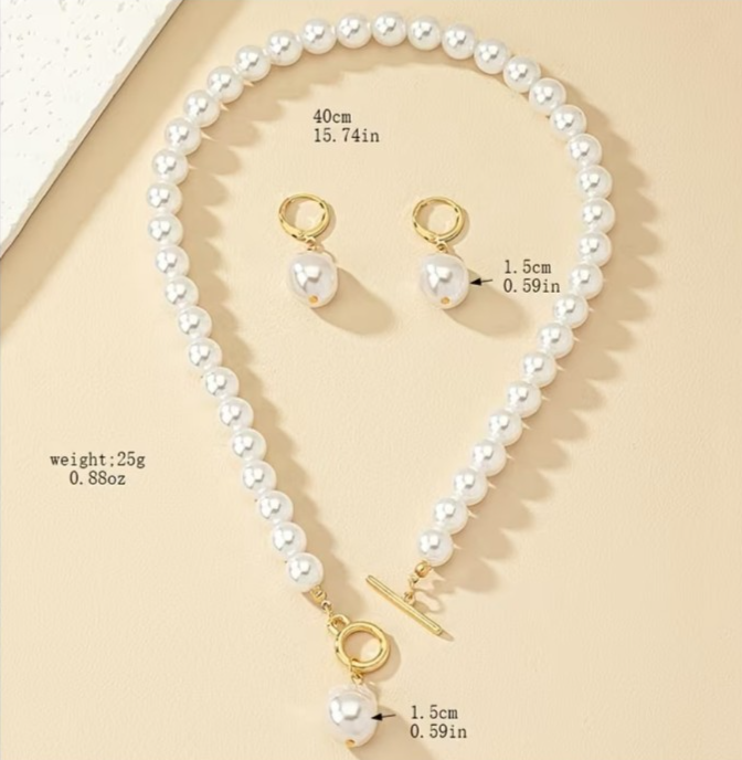 Baroque Pearl Necklace Earrings Set French Retro Gold Toggle Clavicle Chain