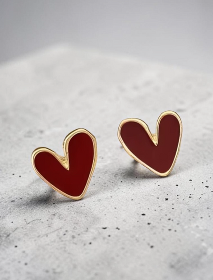 Gold Deep Red Heart Stud Earrings Vintage Boho Dainty Burgundy Minimalist Gift