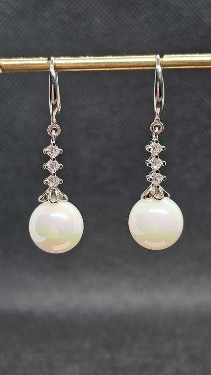 Silver Crystal White Pearl Drop Earrings Dangle Bridal Wedding Elegant Jewelry