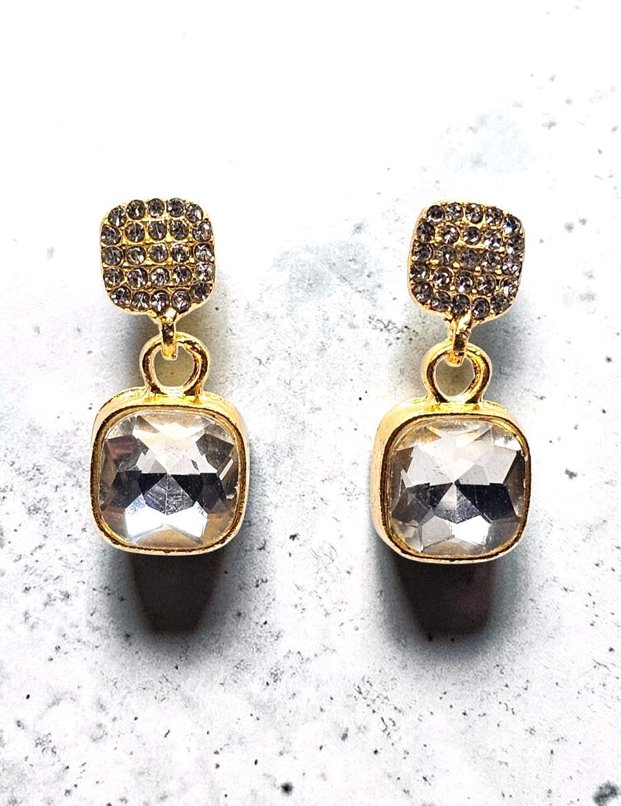 ​Gold Cushion Cut Drop Earrings Vintage Square Crystal Dangle Geometric Studs