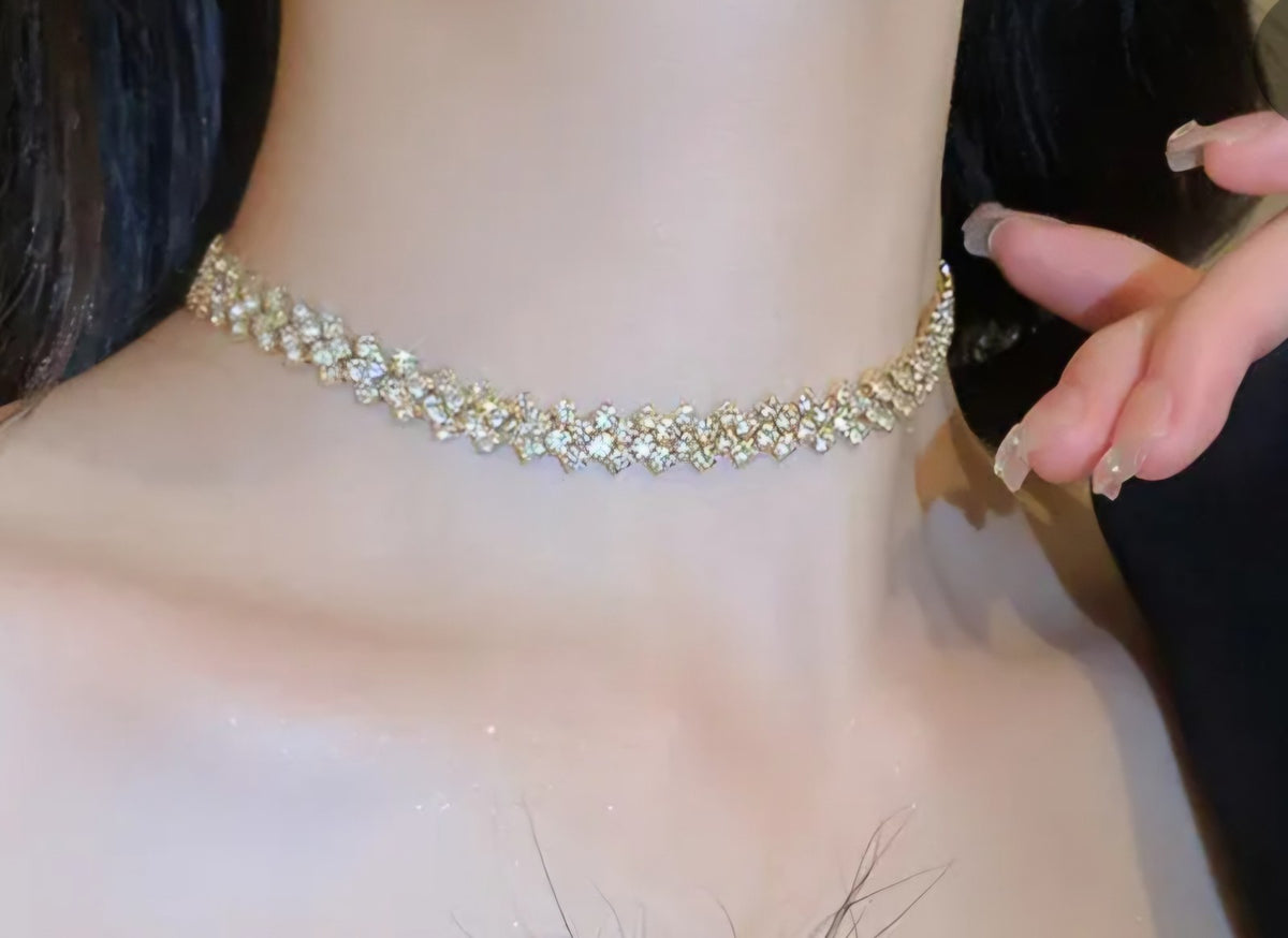 Gold Rhinestone Choker Necklace Geometric Crystal Tennis Chain Statement PartyUK