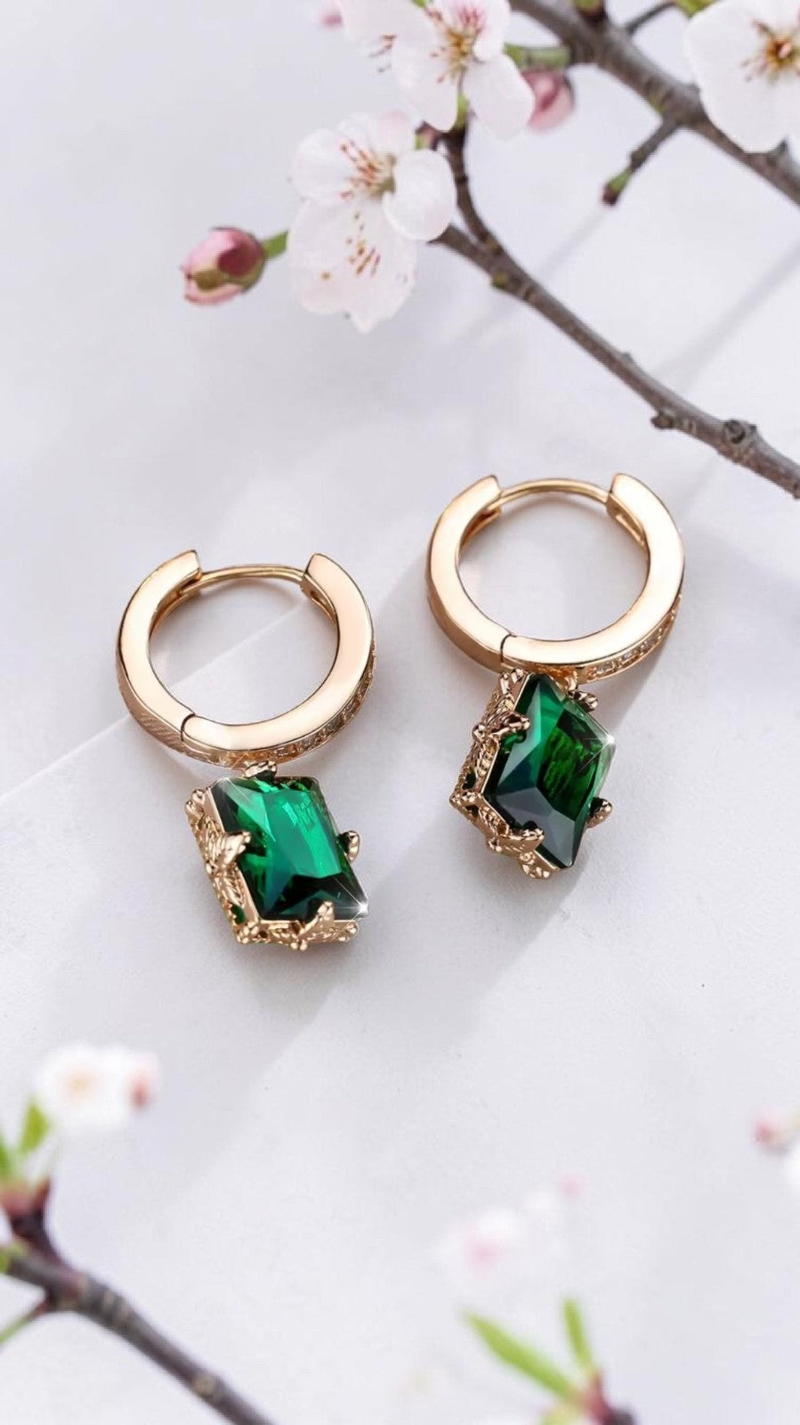 Gold Emerald Green Square Hoop Earrings CZ Pavé Huggie Cushion Drop Dangle UK