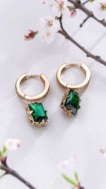 Gold Emerald Green Square Hoop Earrings CZ Pavé Huggie Cushion Drop Dangle UK