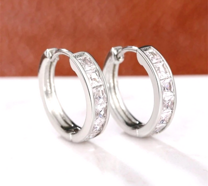 Silver CZ Huggie Hoop Earrings Princess Cut Cubic Zirconia Channel Set Hoops 1.8