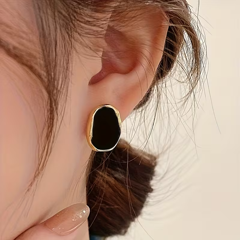 Black Oval Stud Earrings Gold Tone Vintage Geometric Statement Jewellery