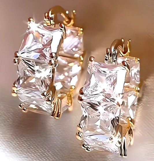 Gold Chunky Hoop Earrings Princess Cut Crystal Square Huggie Bridal Prom Gift