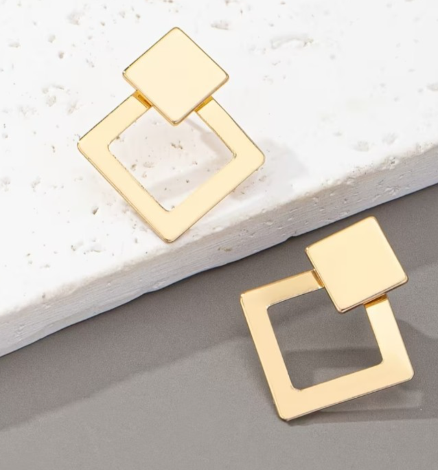 Golden Geometric Earrings Double Layer Square Rhombus Drop Minimalist Studs 3cm