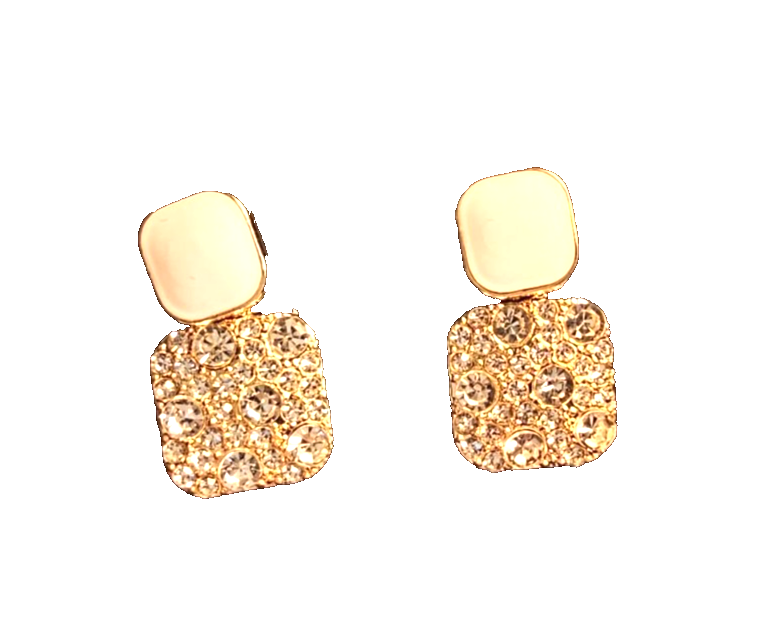 ​Gold Square Drop Earrings White Enamel Rhinestone Geometric Vintage Dangle Gift