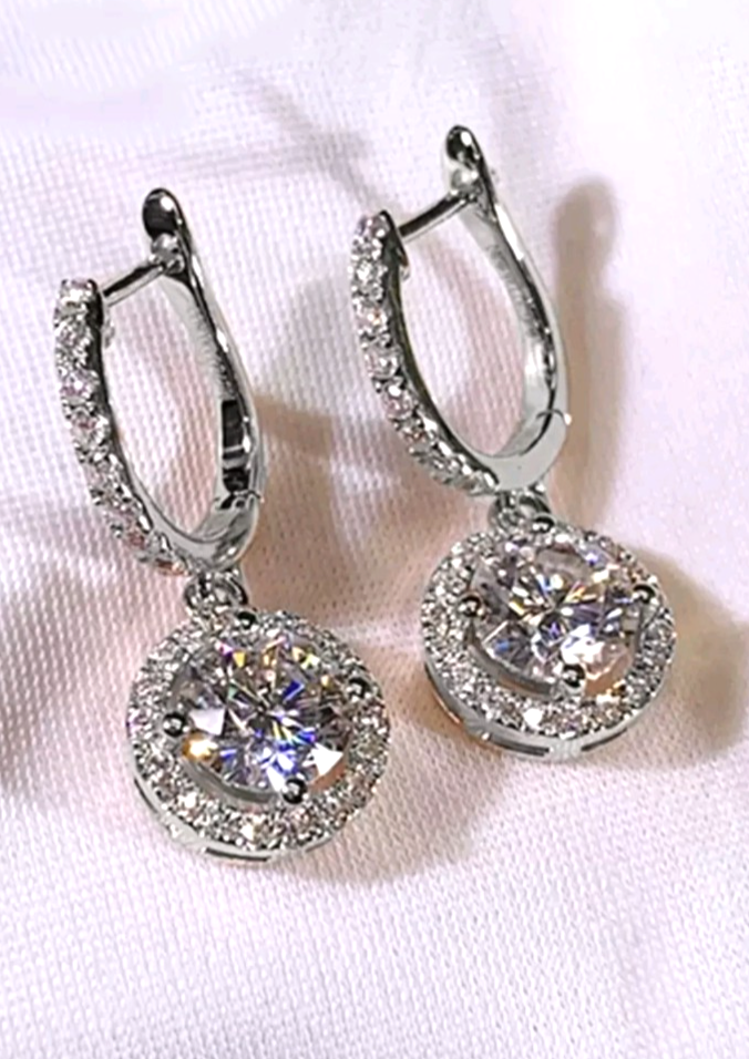 Silver Halo Drop Hoop Earrings Round Cubic Zirconia CZ Leverback Dangle Gift UK