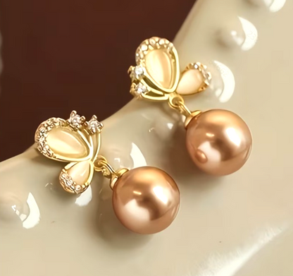 Gold Champagne Pearl Earrings Cute Sparkling Crystal Butterfly Drop Dangle Gift