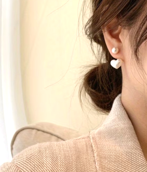 2-in-1 Faux Pearl Heart Ear Jacket Stud Earrings Gold Tone Retro Classic Gift
