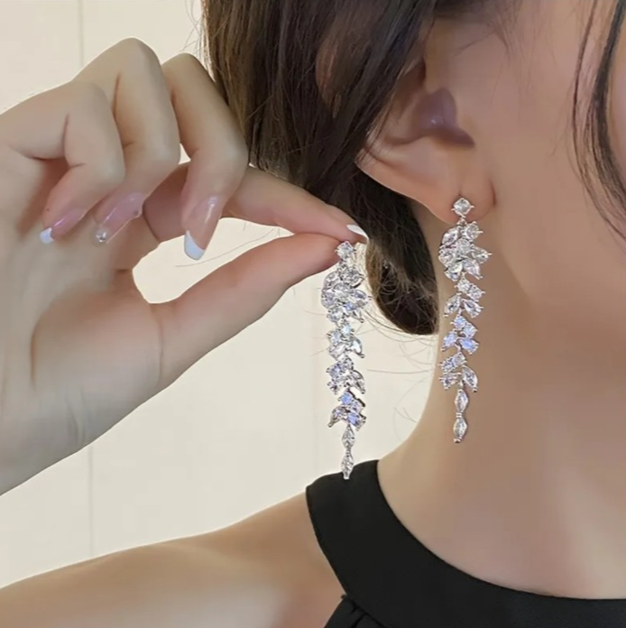 Silver Tone Crystal Leaf Drop Earrings Long Dangle Bridal Wedding Prom Diamante