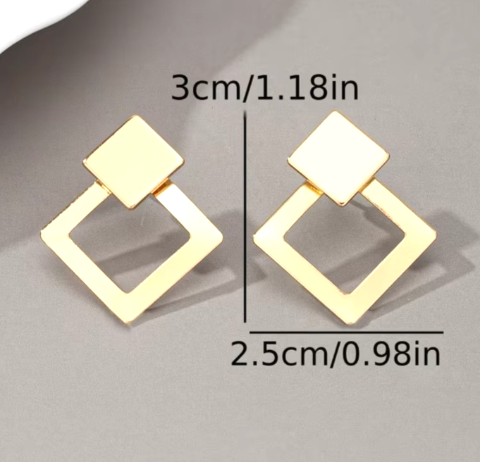 Golden Geometric Earrings Double Layer Square Rhombus Drop Minimalist Studs 3cm