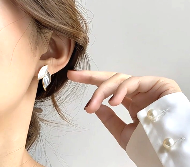 ​Gold Enamel Leaf Earrings Minimalist Contrasting Grey White Plant Studs Gift