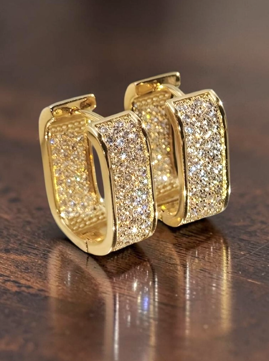 Gold U Shaped Hoop Earrings Sparkling Zirconia Rectangular Huggie Banquet Gift