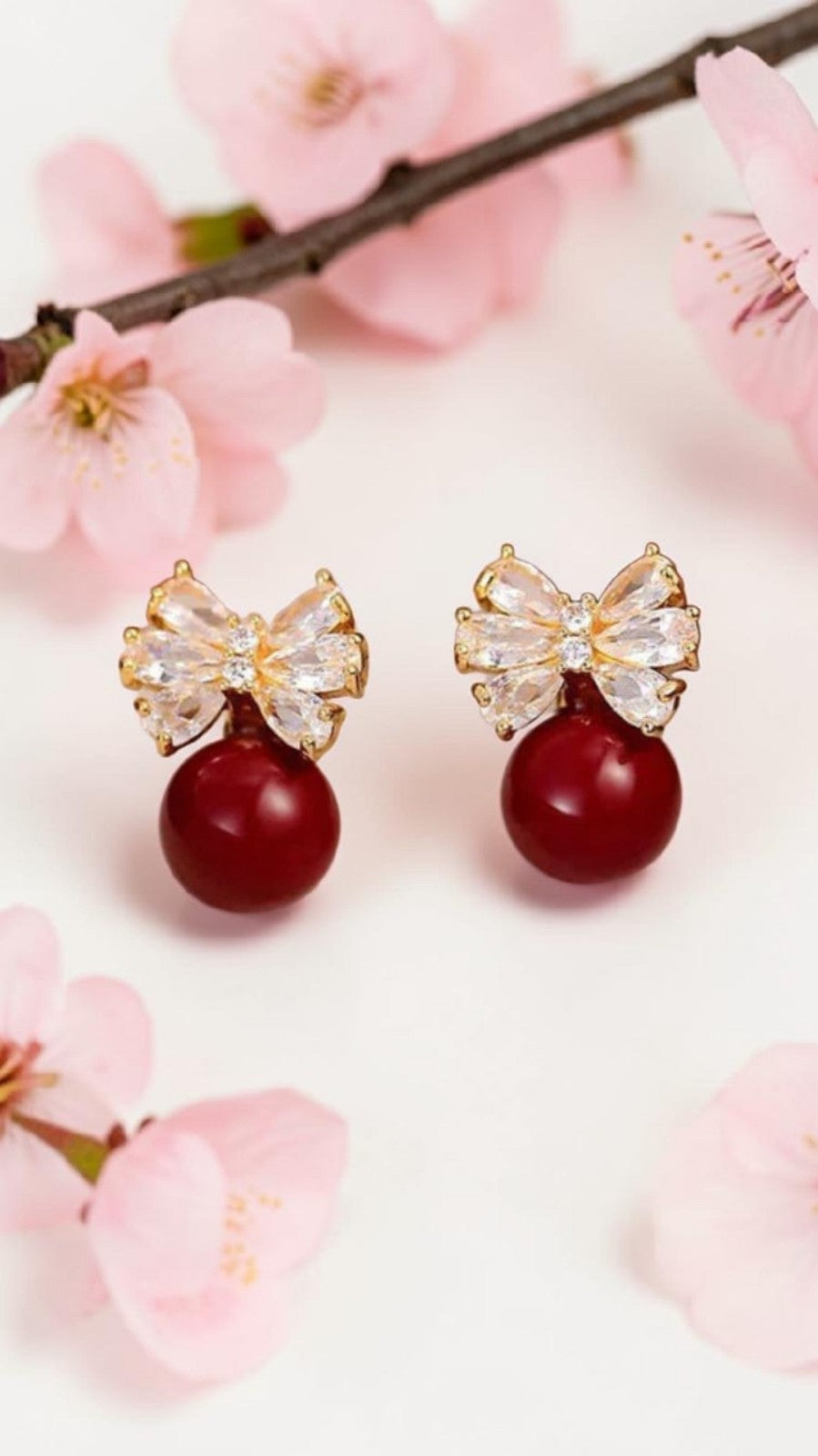 Gold Red Pearl Bow Drop Earrings Crystal Marquise Rhinestone Ribbon Studs Gift
