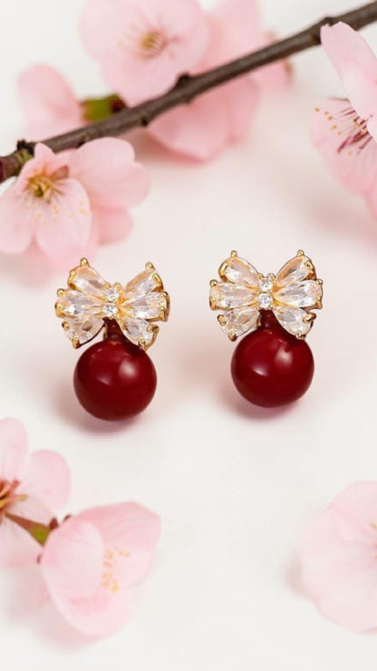 Gold Red Pearl Bow Drop Earrings Crystal Marquise Rhinestone Ribbon Studs Gift