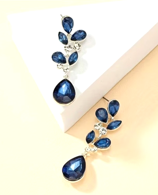 Silver Leaf Teardrop Earrings Blue Marquise Gem Cluster Statement Prom Dangle UK
