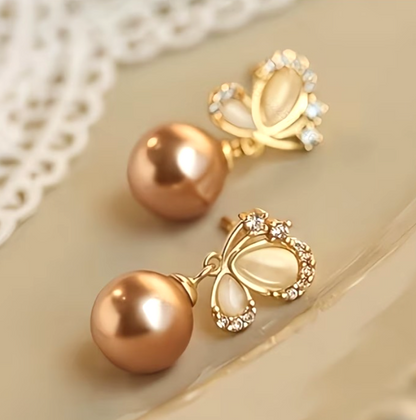 Gold Champagne Pearl Earrings Cute Sparkling Crystal Butterfly Drop Dangle Gift