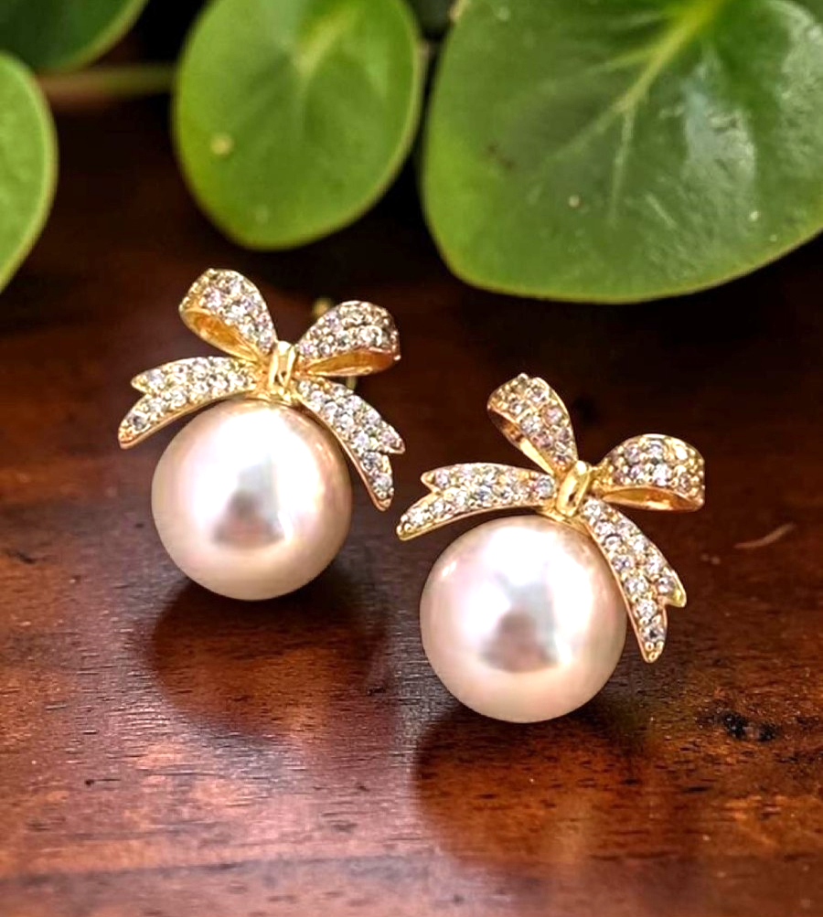 ​Gold Ribbon Bow Stud Earrings Pearl Drop Cubic Zirconia Dainty Coquette Gift