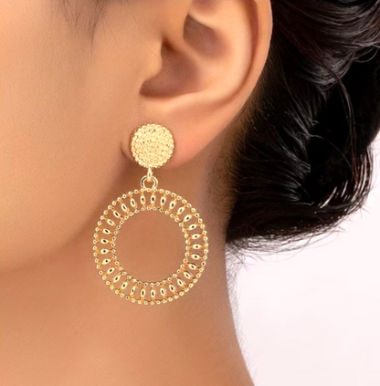 Gold Textured Hoop Earrings Large Hollow Round Dangle Geometric Statement Gift