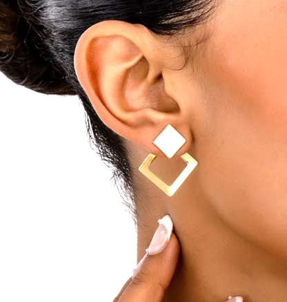Golden Geometric Earrings Double Layer Square Rhombus Drop Minimalist Studs 3cm