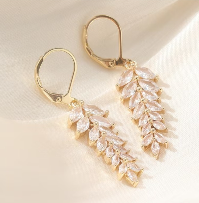 Gold Leaf Dangle Earrings Cubic Zirconia Marquise Drop Bridal Wedding Jewelry