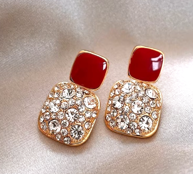 ​Gold Square Drop Earrings White Enamel Rhinestone Geometric Vintage Dangle Gift