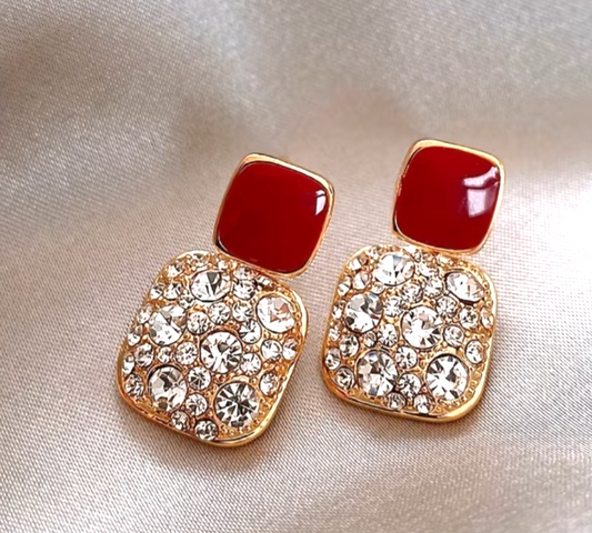 ​Gold Square Drop Earrings White Enamel Rhinestone Geometric Vintage Dangle Gift