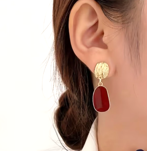​Gold Burgundy Red Drop Earrings Textured Enamel Geometric Retro Dangle Gift
