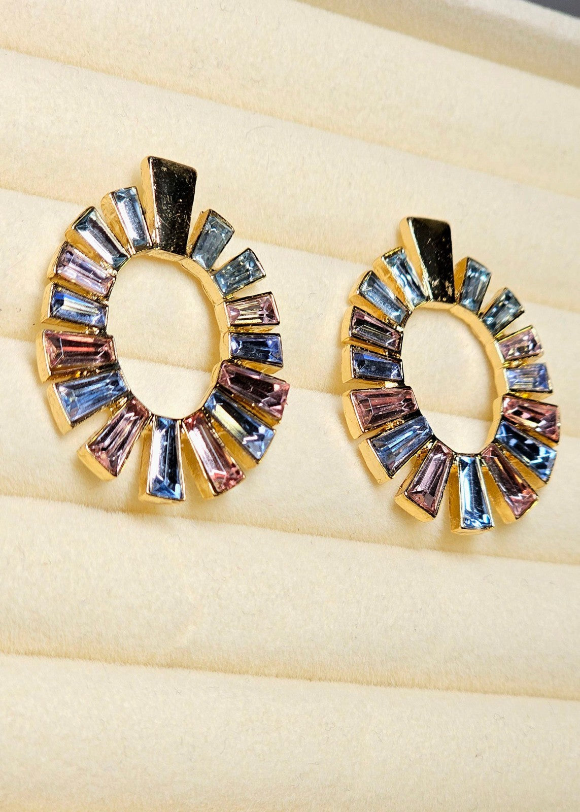 GoldTone Sunburst Circle Earrings Pastel Baguette Crystal Statement Boho Vintage