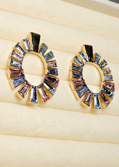 GoldTone Sunburst Circle Earrings Pastel Baguette Crystal Statement Boho Vintage