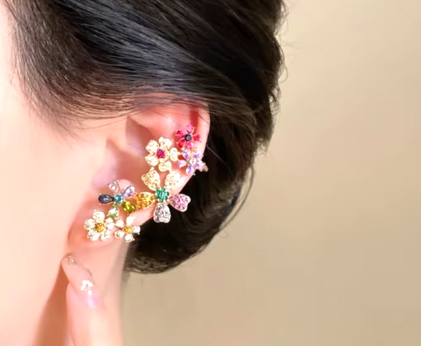 Colorful Crystal Flower Ear Cuff Earrings Full Ear Climber Clip On Statement Par