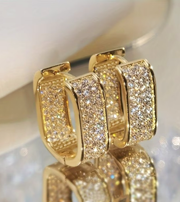Gold U Shaped Hoop Earrings Sparkling Zirconia Rectangular Huggie Banquet Gift