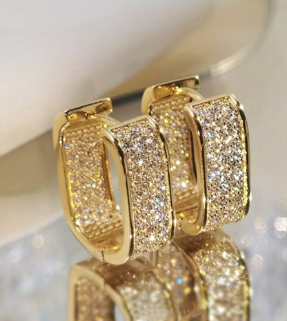 Gold U Shaped Hoop Earrings Sparkling Zirconia Rectangular Huggie Banquet Gift