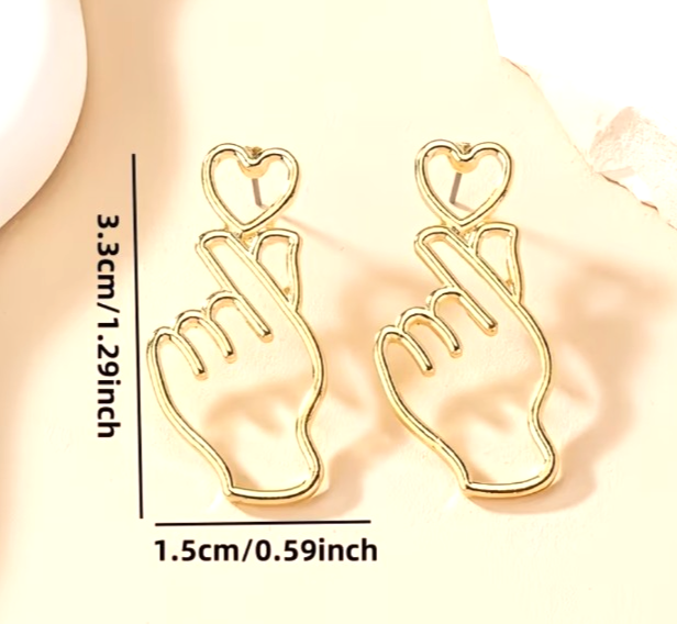 Korean Finger Heart Drop Earrings K-Pop K-Drama Gold Hollow Outline Studs