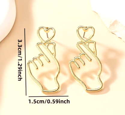 Korean Finger Heart Drop Earrings K-Pop K-Drama Gold Hollow Outline Studs