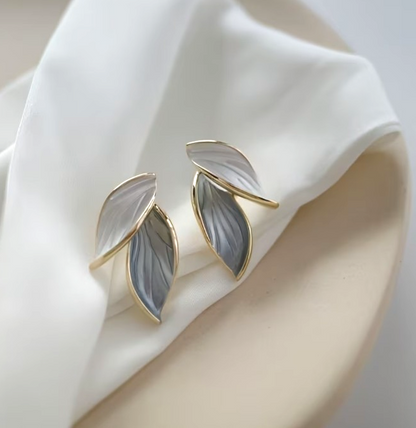 ​Gold Enamel Leaf Earrings Minimalist Contrasting Grey White Plant Studs Gift